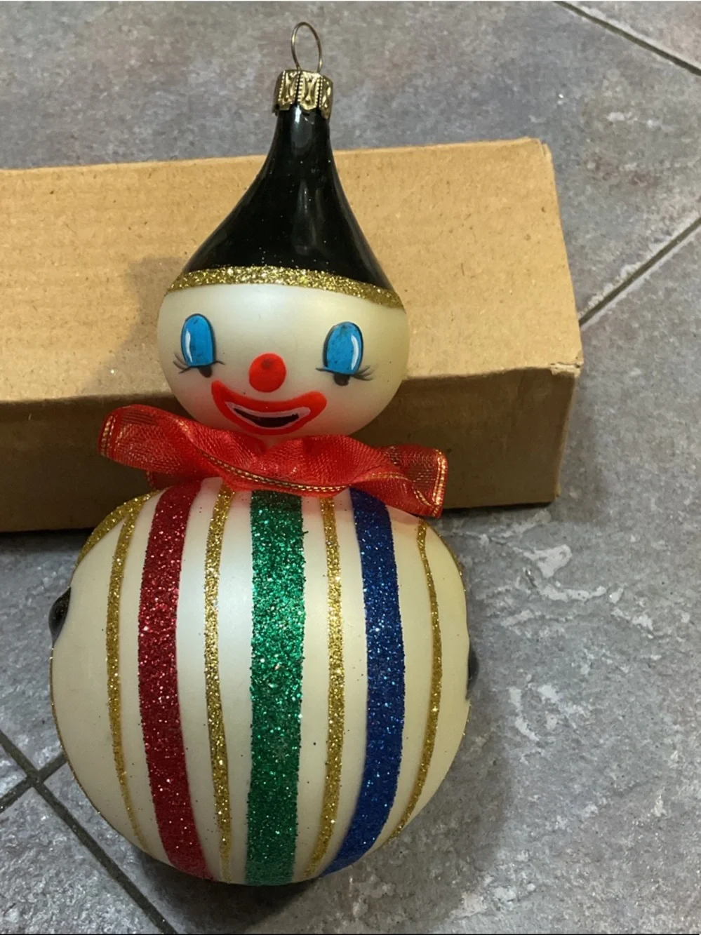 Pier 1 Cream Clown Ornament with Red, Blue, Green & Gold Accents